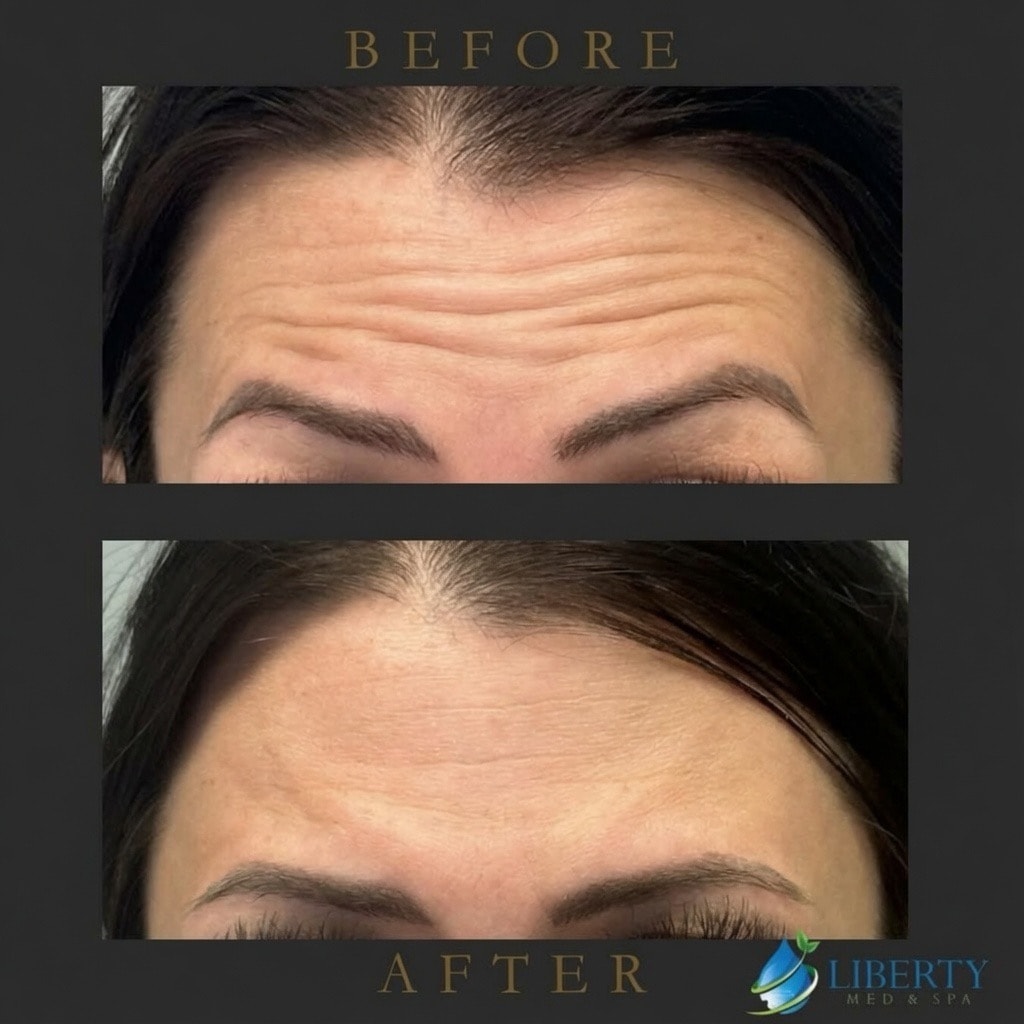 Before and after forehead wrinkle treatment results at Liberty Med & Spa