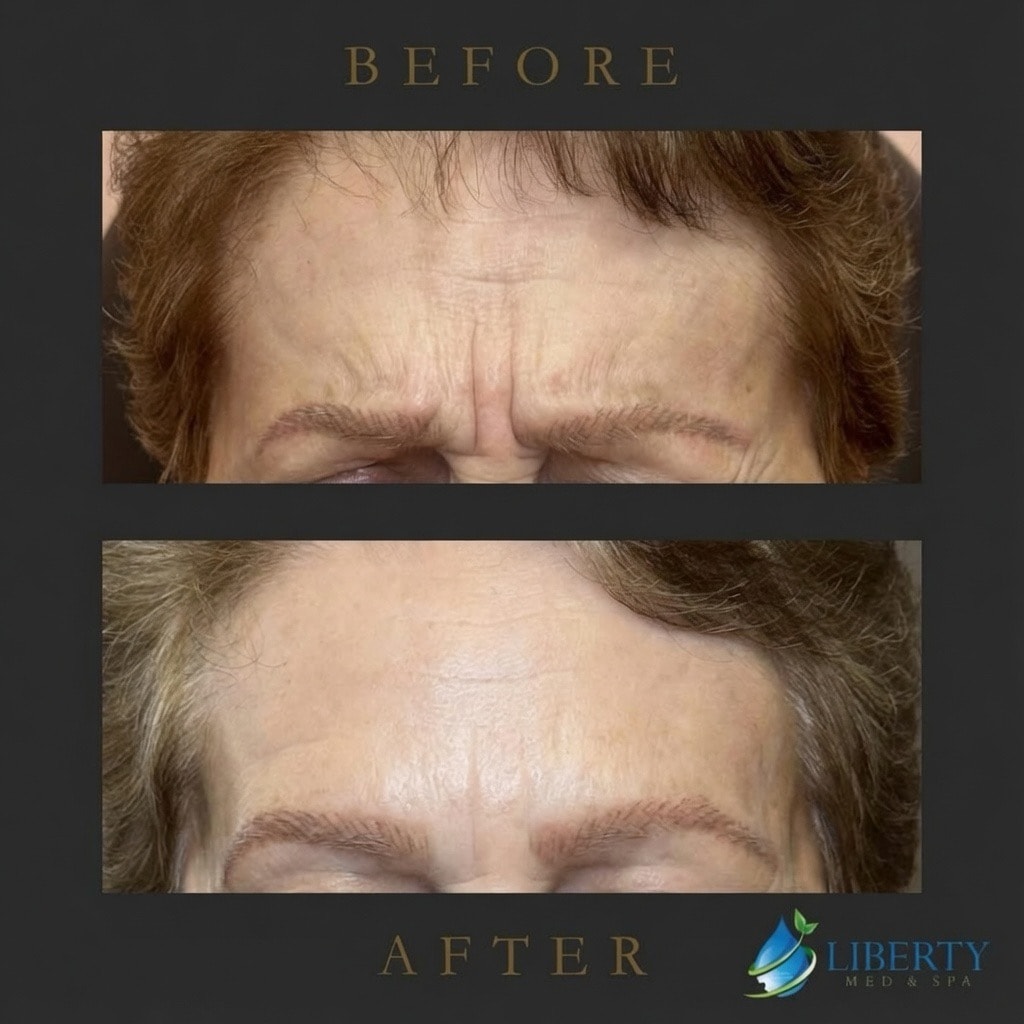 Before and after glabellar frown line treatment results at Liberty Med & Spa